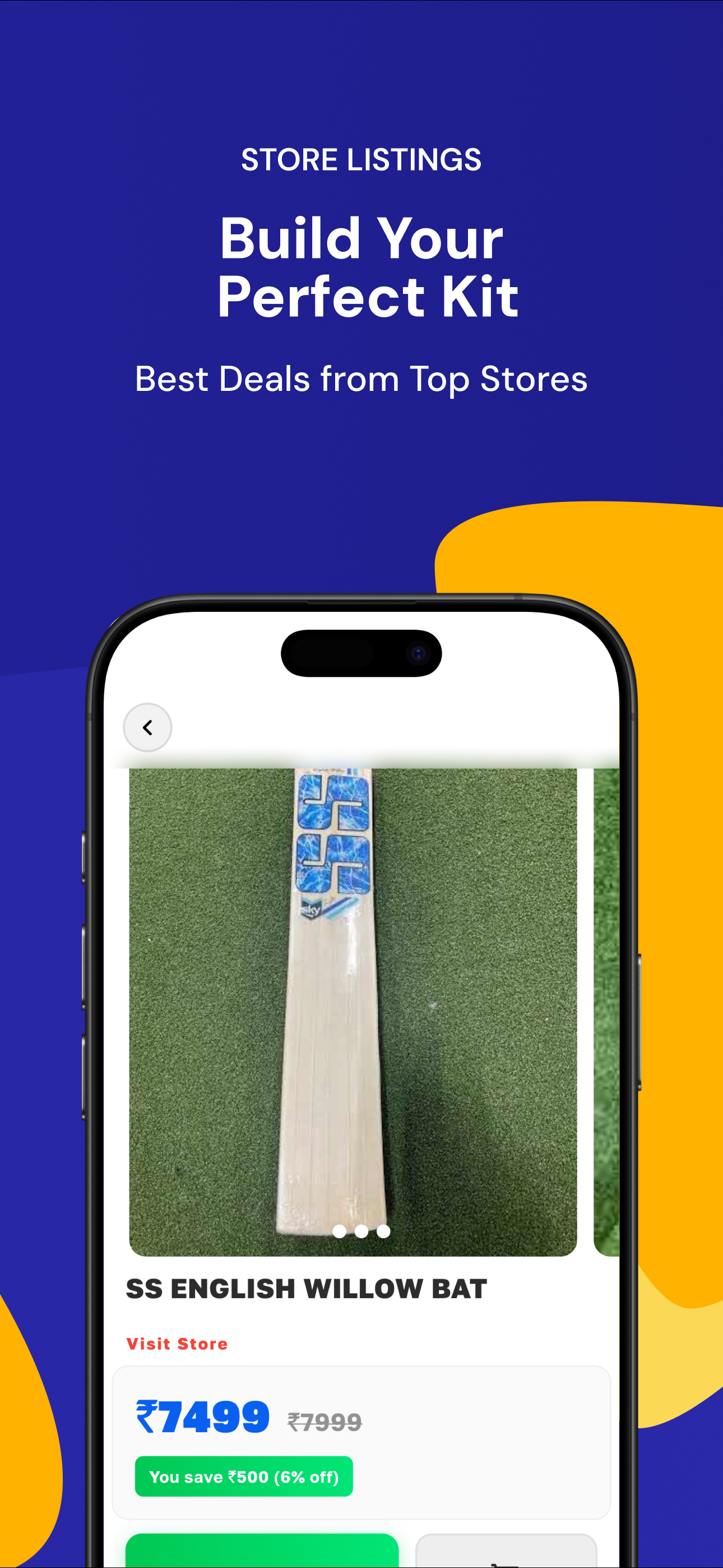 Cricko mobile app product detail screen for a cricket bat with price description and seller information