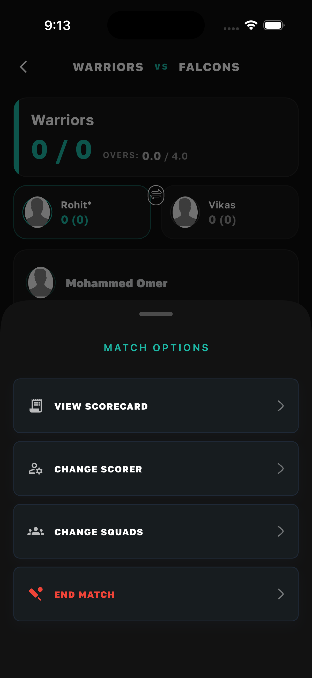Cricko scoring menu for changing scorer ending match and squad options