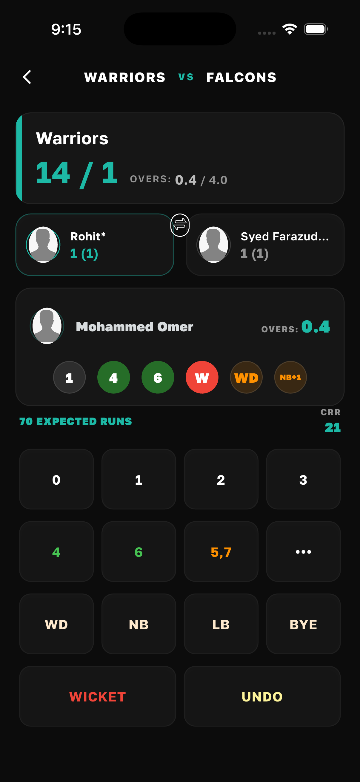 Cricko ball-by-ball cricket scoring board with runs wickets and overs