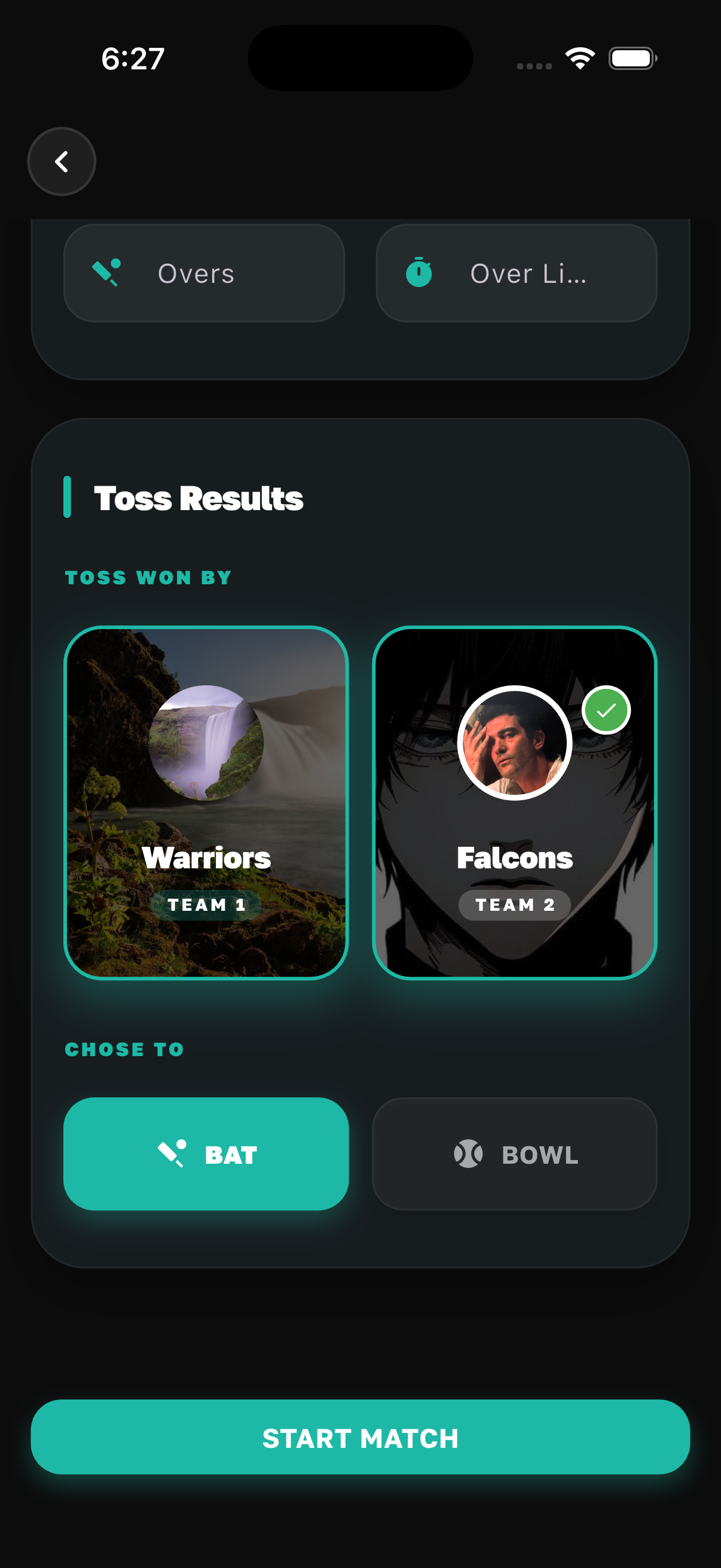Cricko match setup with toss details and player selection for batting and bowling